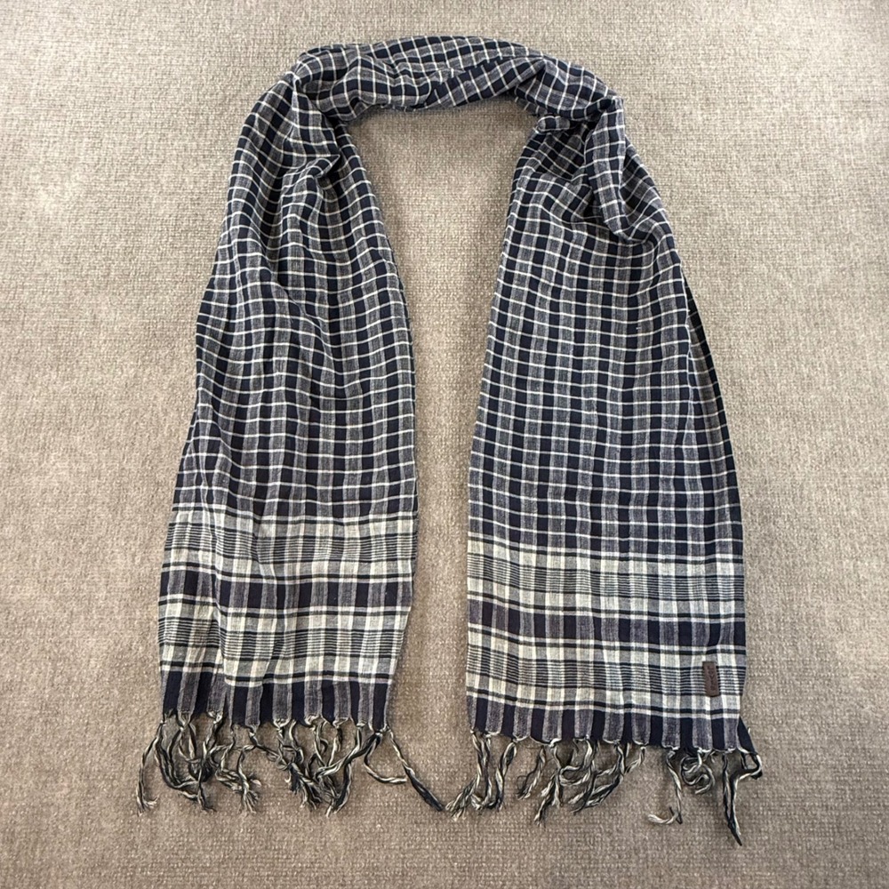 Levis Scarf Navy Blue White Plaid Check Cotton Fringe Tassel Unisex One Size